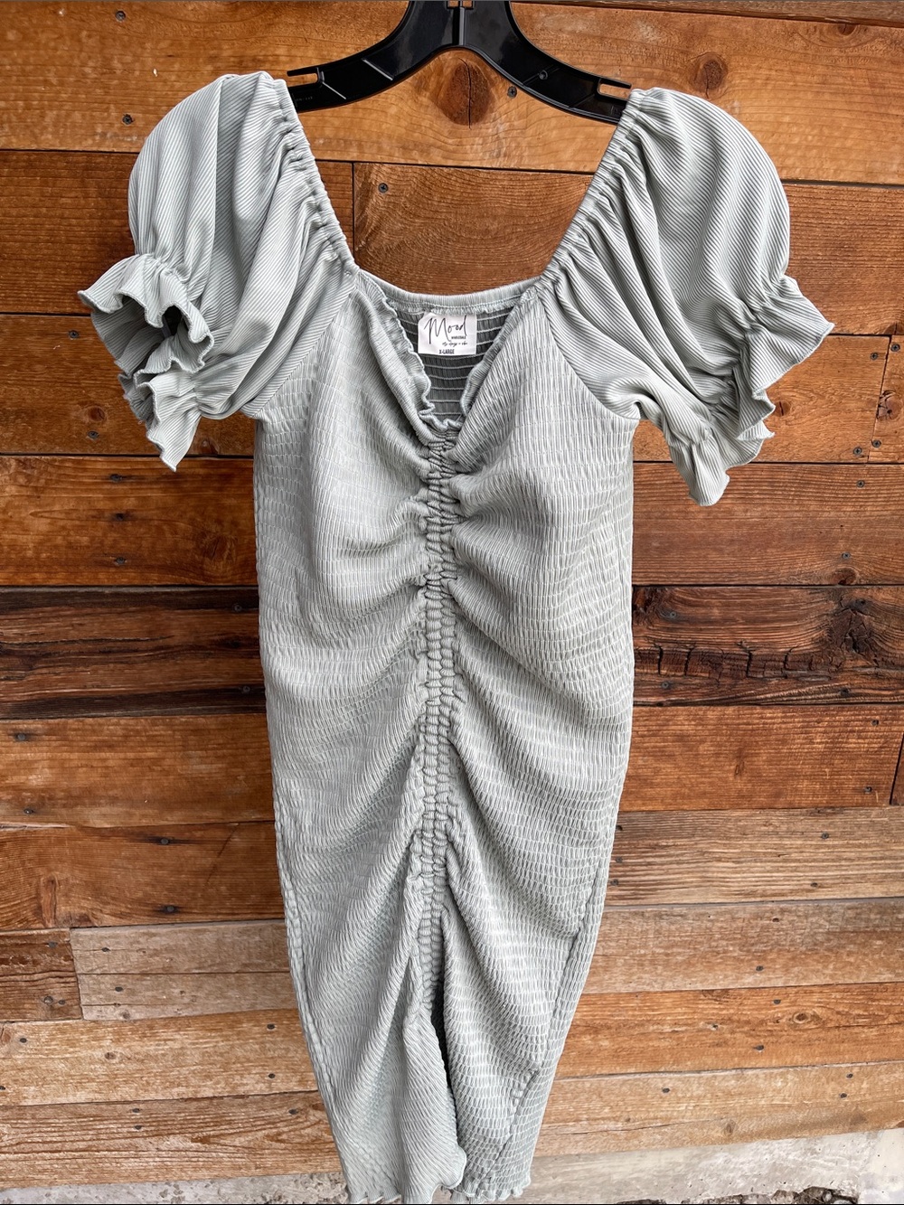 Mood Wholesale Sage Green Smocked Ruched Puff Sleeve Midi Dress Women’s XL